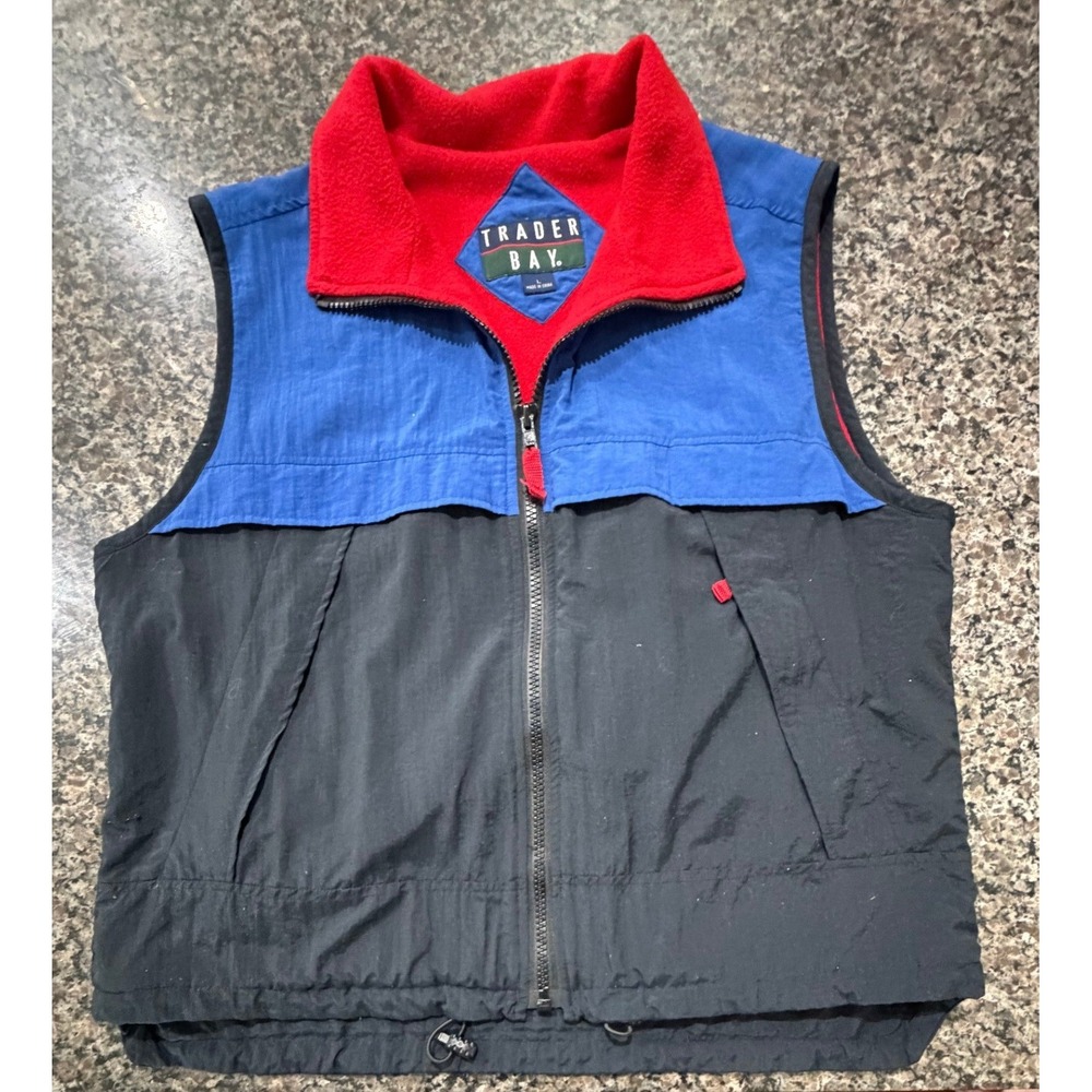 Trader Bay Vintage Colorblock Vest Mens Large Blue Black Red Fleece Lined Zip Up